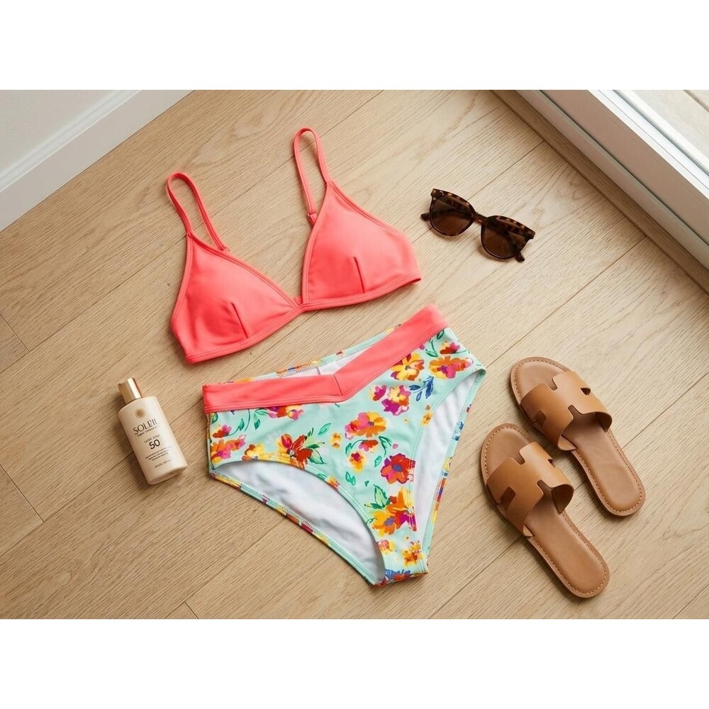 ❤️Cupshe M Triangle Top V Front High Waisted Bikini Pink Aqua Floral 2 Piece❤️